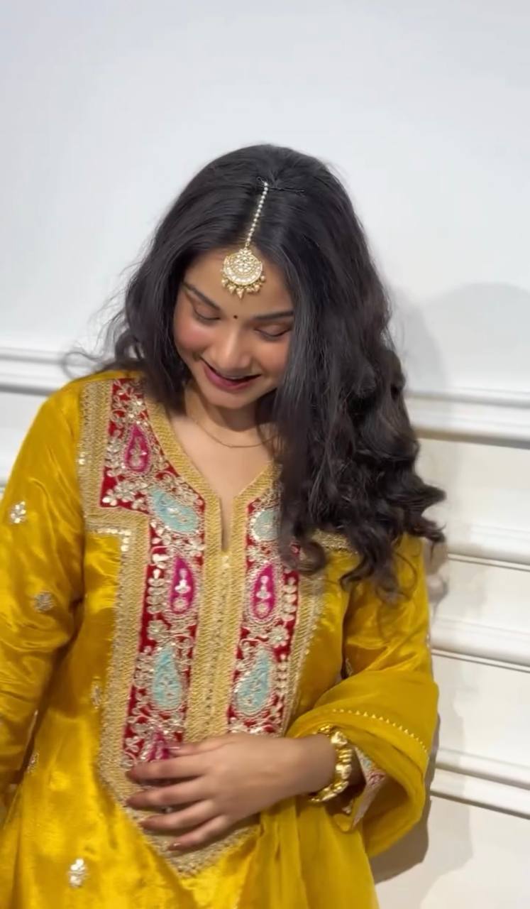 Mustard Yellow Chinon Silk Gharara Set | Elegant Festive & Party Wear