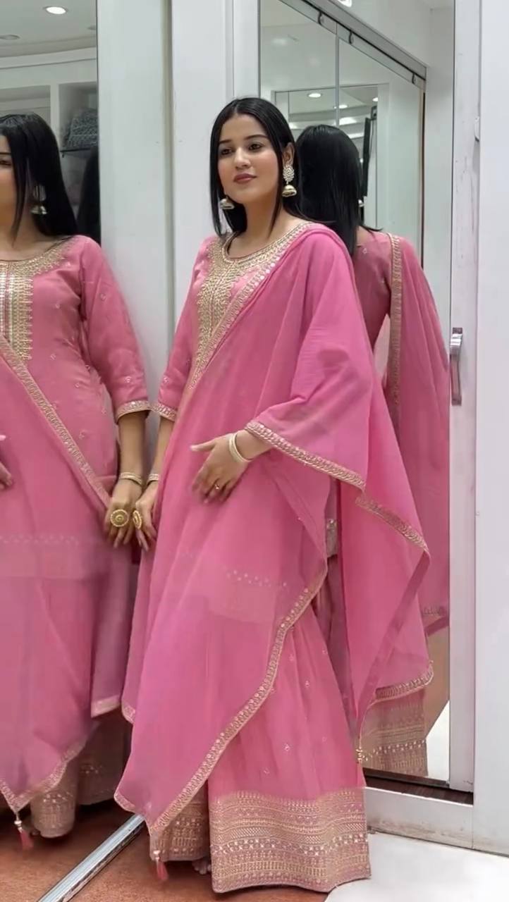 Elegant Pink Chinon Silk Sharara Set | Festive & Wedding Wear