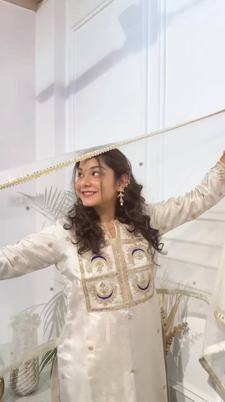 Graceful Off-White Vichitra Silk Suit Set | Festive & Wedding Wear