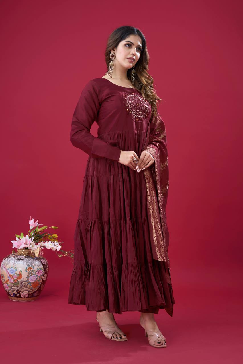 Elegant Maroon Roman Silk Gown Set | Festive & Wedding Wear