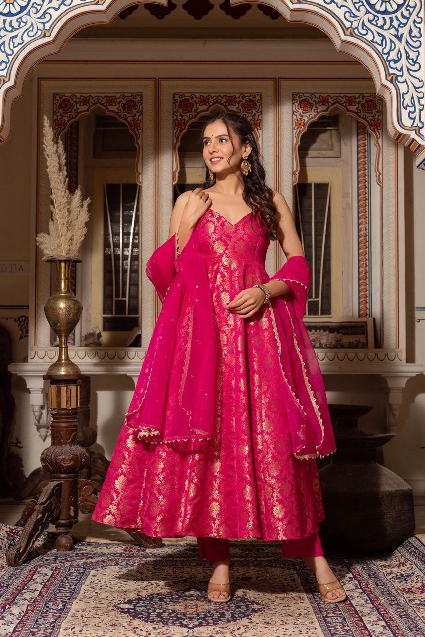 Radiant Pink Jacquard Silk Anarkali Set | Festive & Wedding Wear