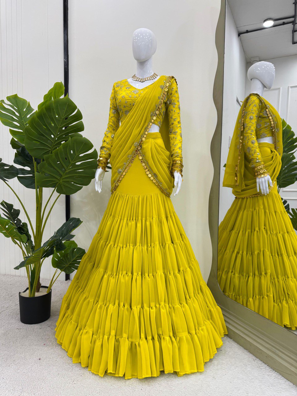 Lime Green Faux Georgette Lehenga Saree Set | Elegant Party & Festive Wear