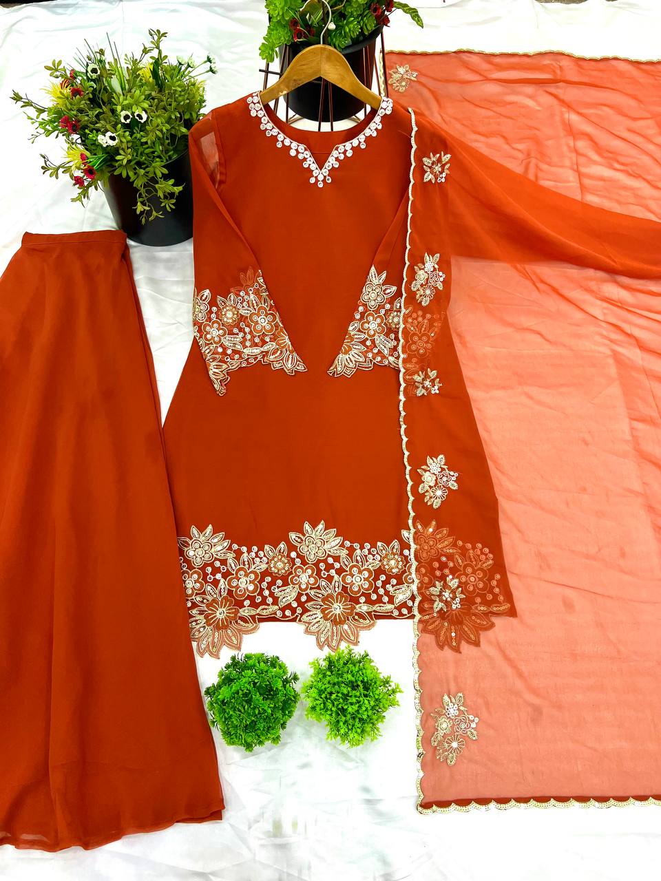 Embroidered Faux Georgette Orange Co-Ord Set with Plazzo and Dupatta – Ready-to-Wear Indian Ethnic Outfit for Women