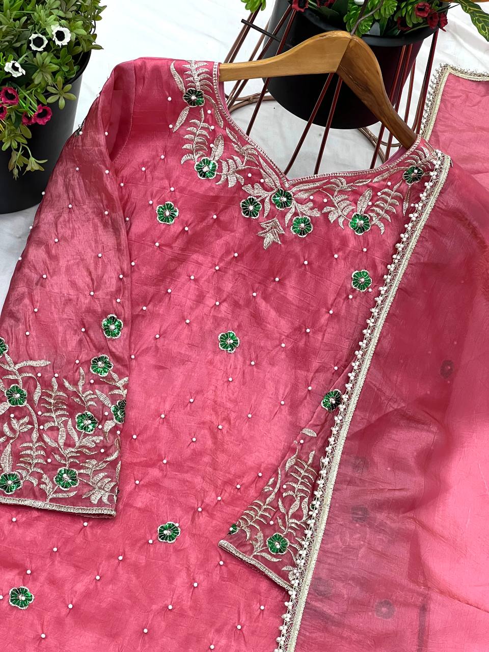 Gold Crush Embroidered Co-Ord Set with Plazzo and Dupatta – Ready-to-Wear Ethnic Outfit for Women