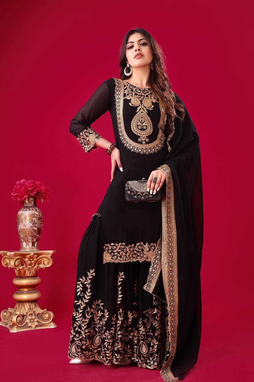 Blooming Faux Georgette Embroidered Black Co-Ord Set with Plazzo and Dupatta – Ready-to-Wear Ethnic Outfit for Women