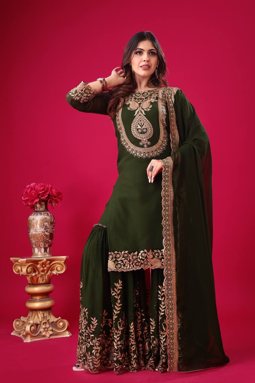 Blooming Faux Georgette Embroidered Green Co-Ord Set with Plazzo and Dupatta – Ready-to-Wear Ethnic Outfit for Women