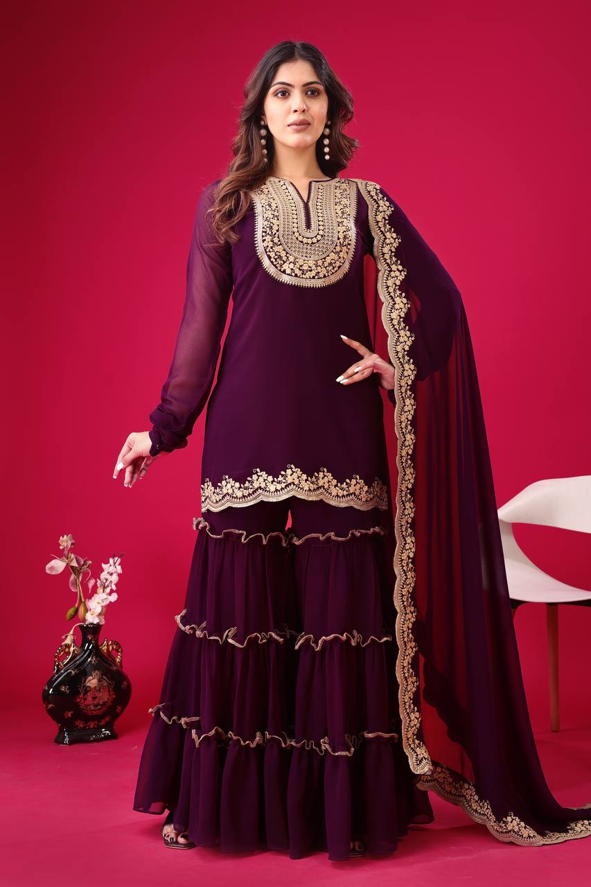 Blooming Faux Georgette Embroidered Co-Ord Set with Plazzo and Dupatta – Ready-to-Wear Indian Outfit for Women
