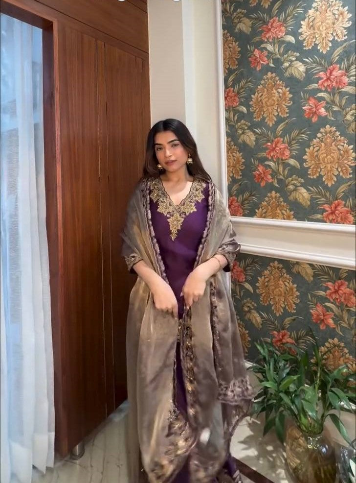 Pure Chinnon Silk Embroidered Co-Ord Set with Plazzo and Jimmy Choo Dupatta – Ready-to-Wear Ethnic Outfit for Women