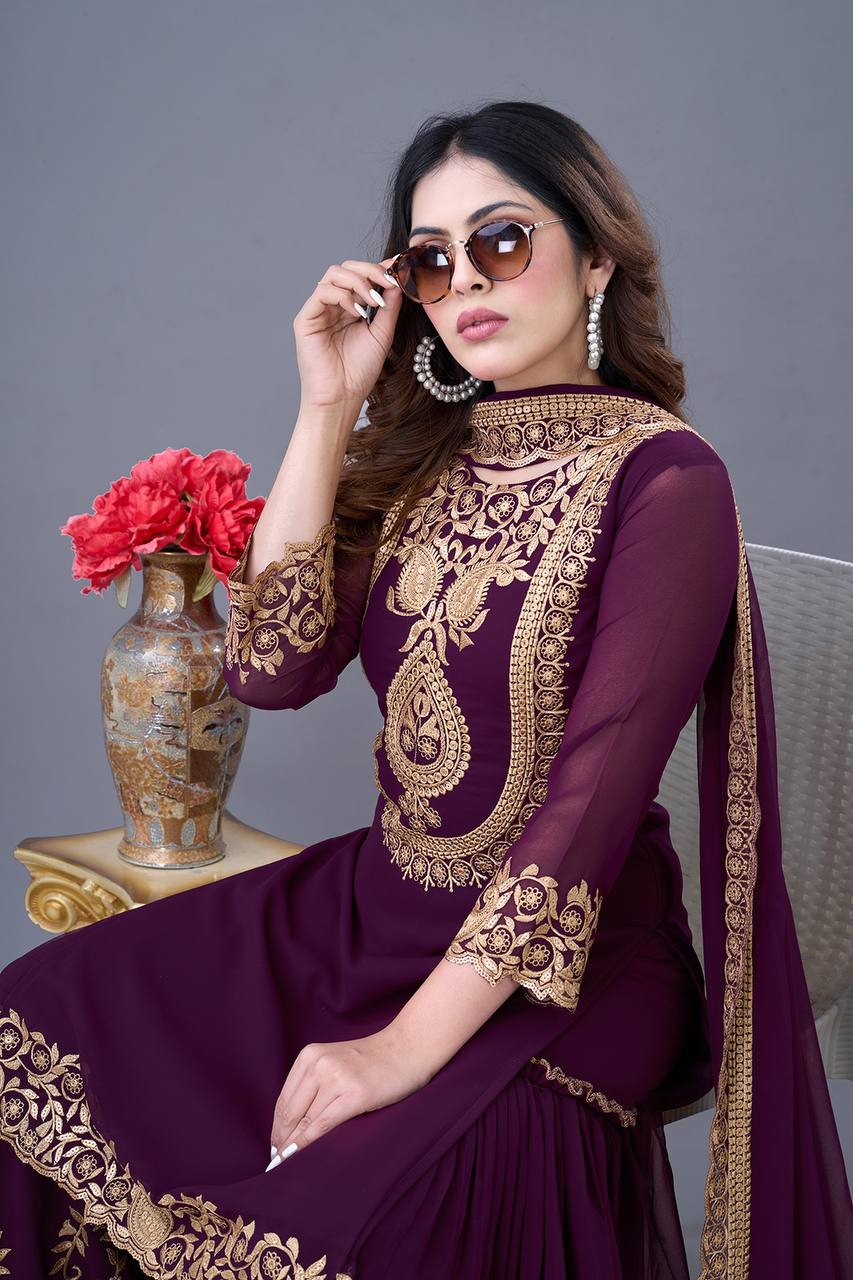 Blooming Faux Georgette Embroidered Purple Co-Ord Set with Plazzo and Dupatta – Ready-to-Wear Ethnic Outfit for Women