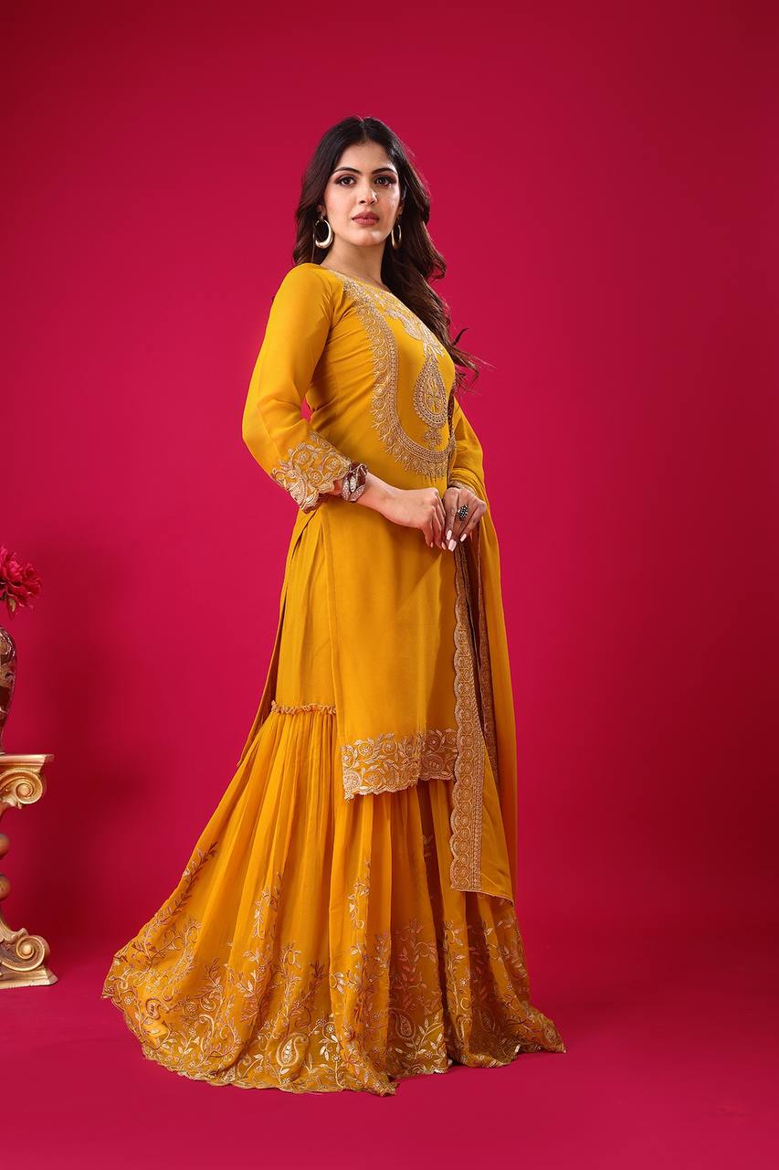 Blooming Faux Georgette Embroidered Yellow Co-Ord Set with Plazzo and Dupatta – Ready-to-Wear Ethnic Outfit for Women