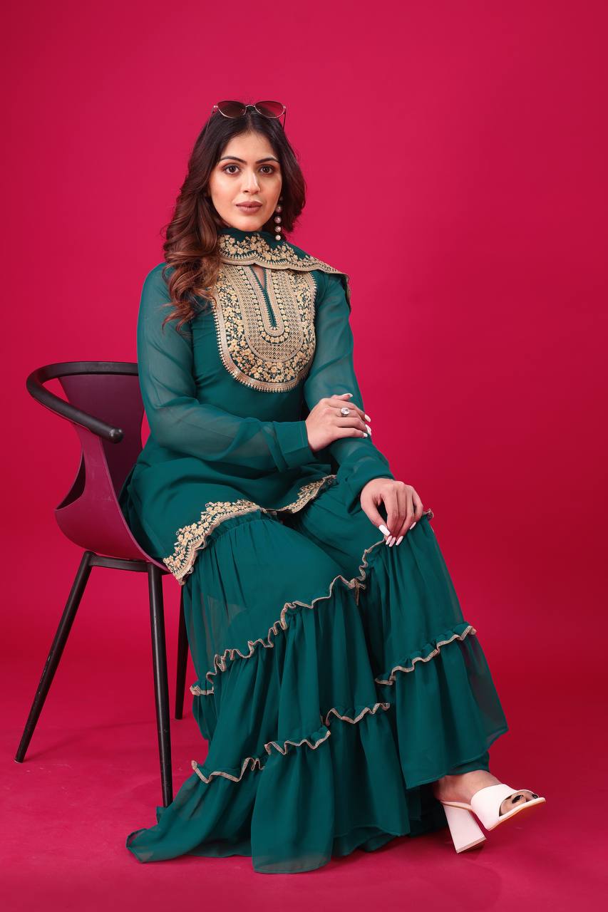 Blooming Faux Georgette Embroidered Co-Ord Set with Plazzo and Dupatta – Fully Stitched Ethnic Outfit for Women