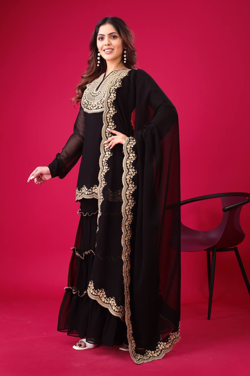 Blooming Faux Georgette Embroidered Co-Ord Set with Plazzo and Dupatta – Fully Stitched Ethnic Outfit for Women