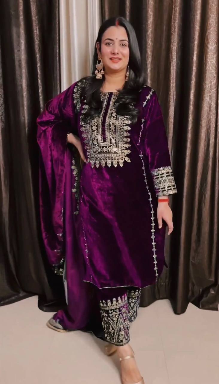 Heavy Viscose Velvet Embroidered Purple Suit Set with Dupatta – Ready-to-Wear Ethnic Outfit for Women