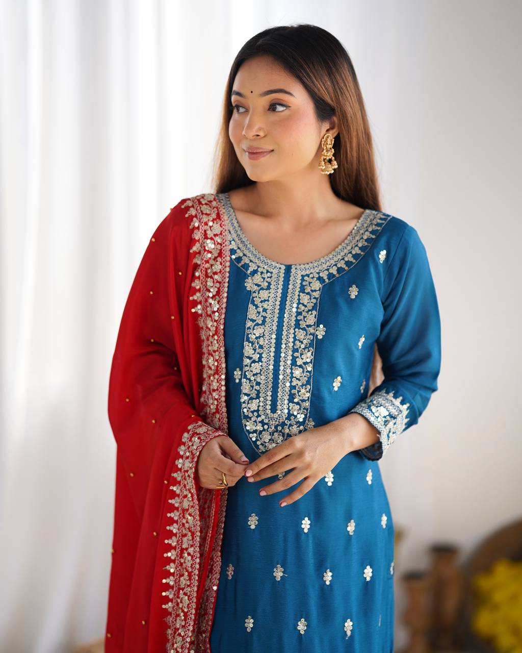 Chinnon Silk Heavy Embroidered Blue Suit Set with Dupatta – Fully Stitched Ready to Wear