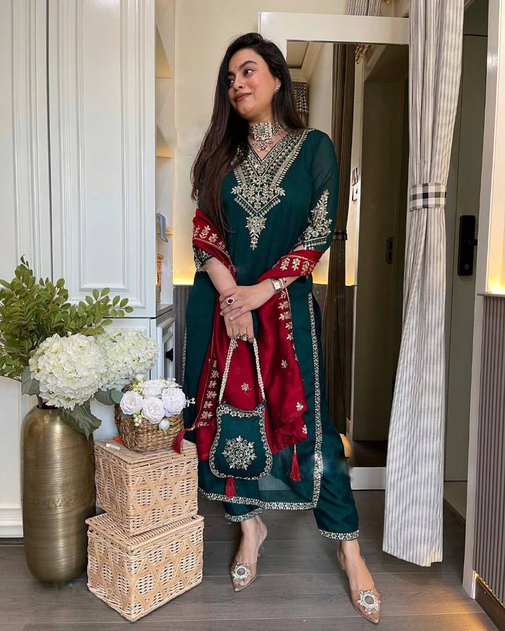 Chinnon Silk Embroidered Suit Set with Dupatta – Fully Stitched Ready to Wear