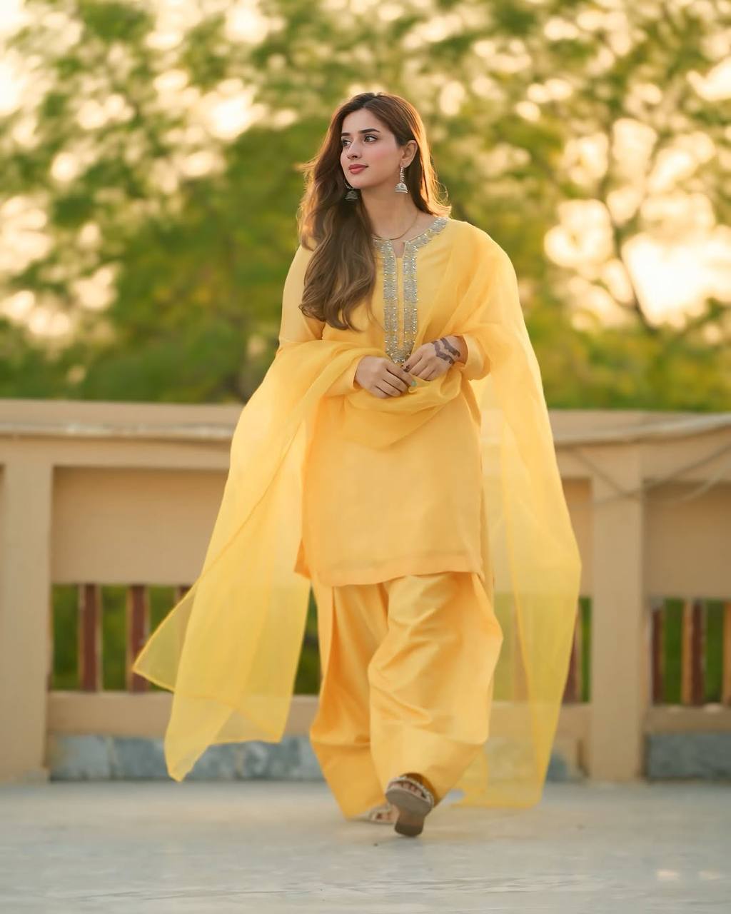 Faux Georgette Embroidered Yellow Suit with Farshi Pant and Dupatta – Fully Stitched Handwork Ethnic Set