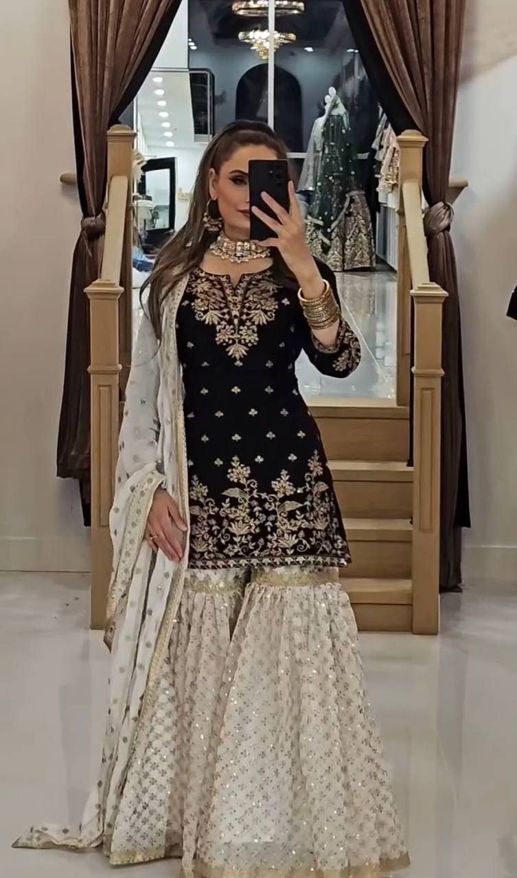 Heavy Faux Georgette Sharara Suit Set with Dupatta – Fully Stitched Embroidered Ethnic Wear for Women