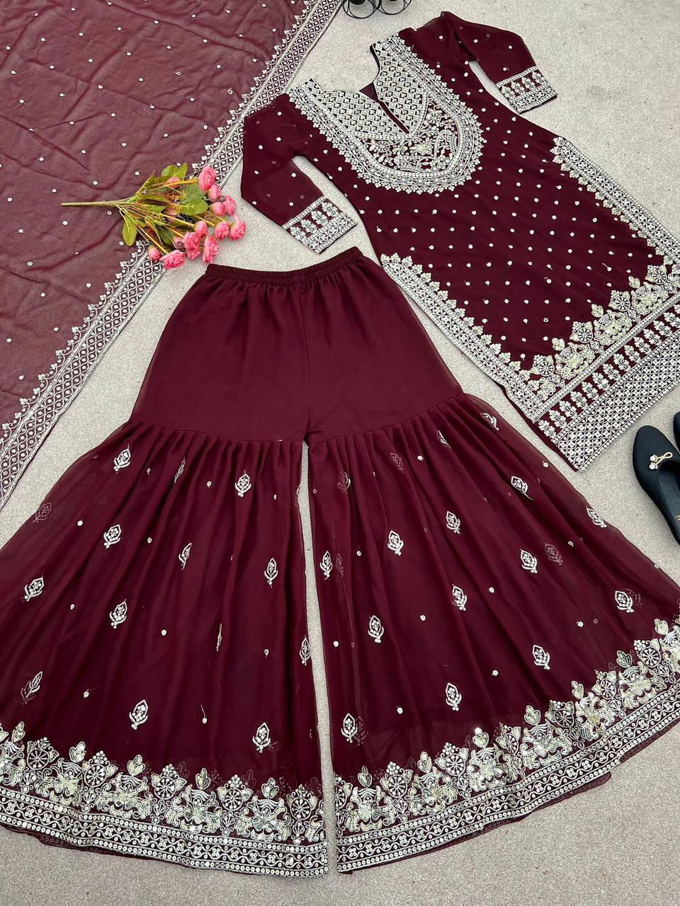 Heavy Faux Georgette Embroidered Maroon Gharara Set with Dupatta – Fully Stitched Ethnic Partywear for Women