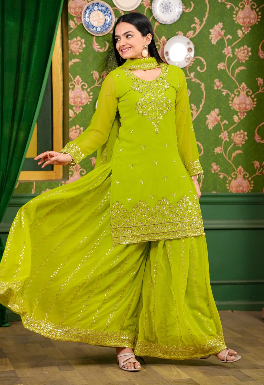 Georgette Embroidered Sharara Suit Set with Dupatta – Fully Stitched Partywear for Women