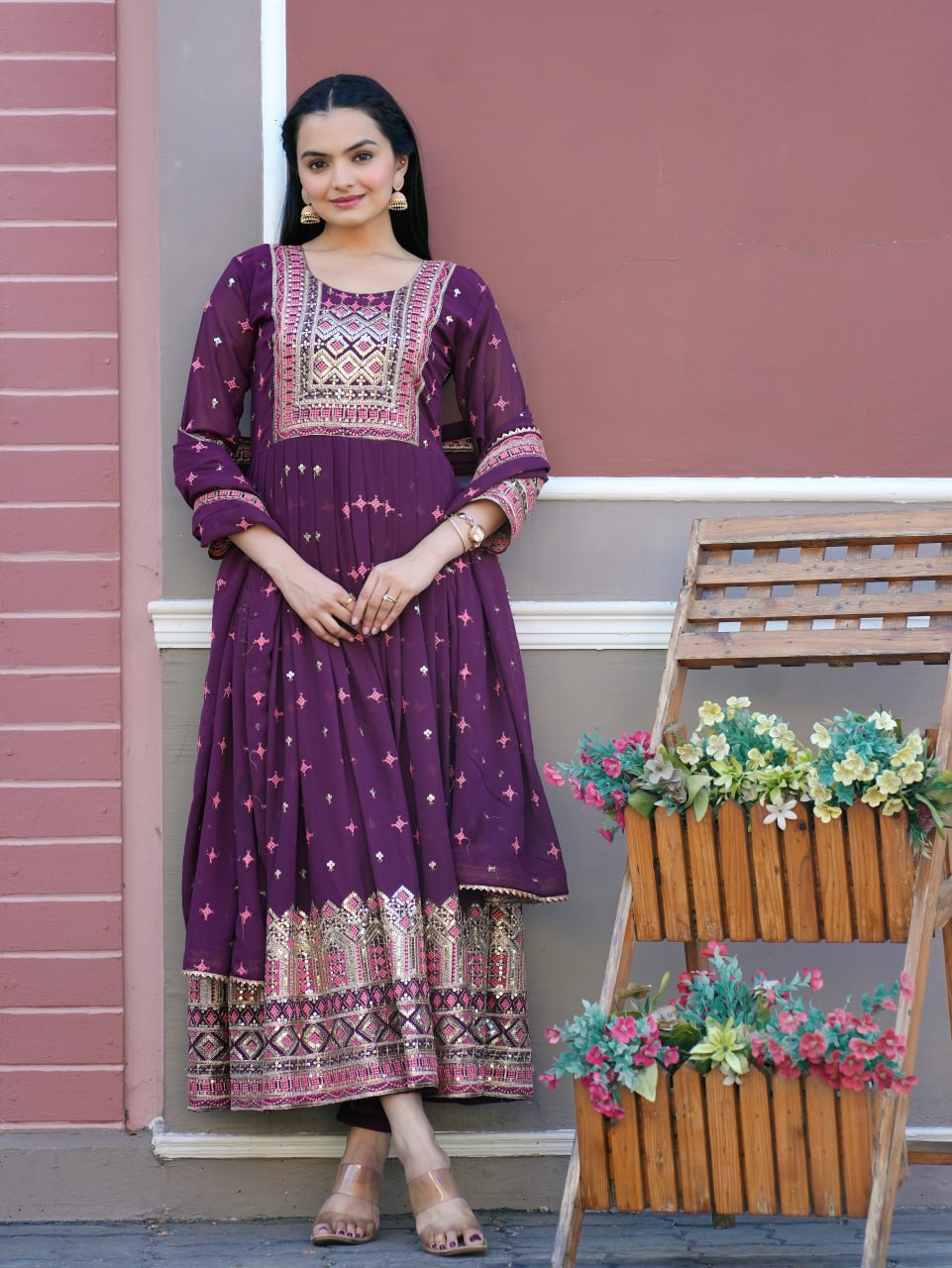 Fox Georgette Embroidered Gown Set with Dupatta – Elegant Fully Stitched Ethnic Wear for Women