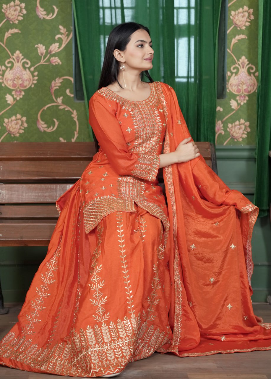 Chinon Embroidered Sharara Suit Set with Heavy Dupatta – Fully Stitched Festive & Party Wear for Women