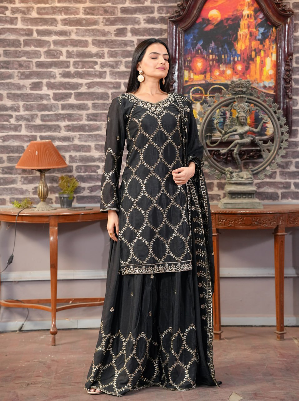 Chinon Embroidered Sharara Suit Set for Women - Traditional & Party Wear