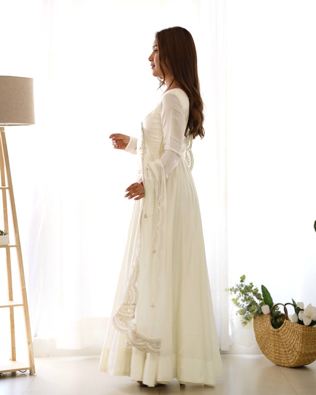 Elegant 16 Kali Romansilk Chanderi White Anarkali Set with Embroidery Dupatta