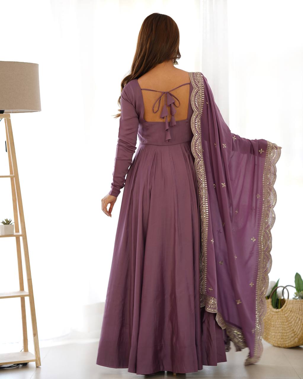 Elegant 16 Kali Romansilk Chanderi Lavender Anarkali Set with Embroidery Dupatta