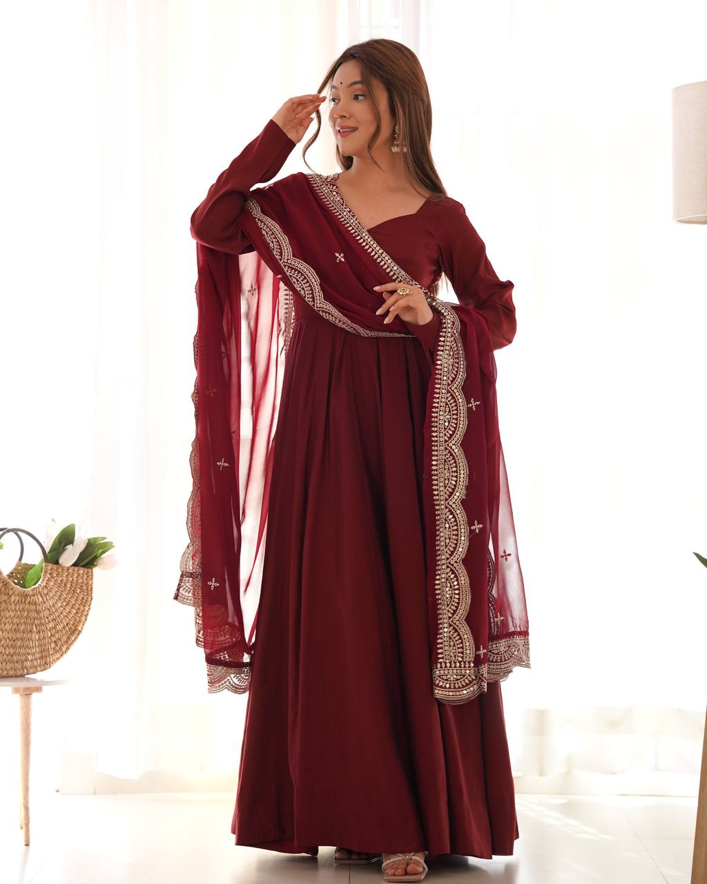 Elegant 16 Kali Romansilk Chanderi Maroon Anarkali Set with Embroidery Dupatta