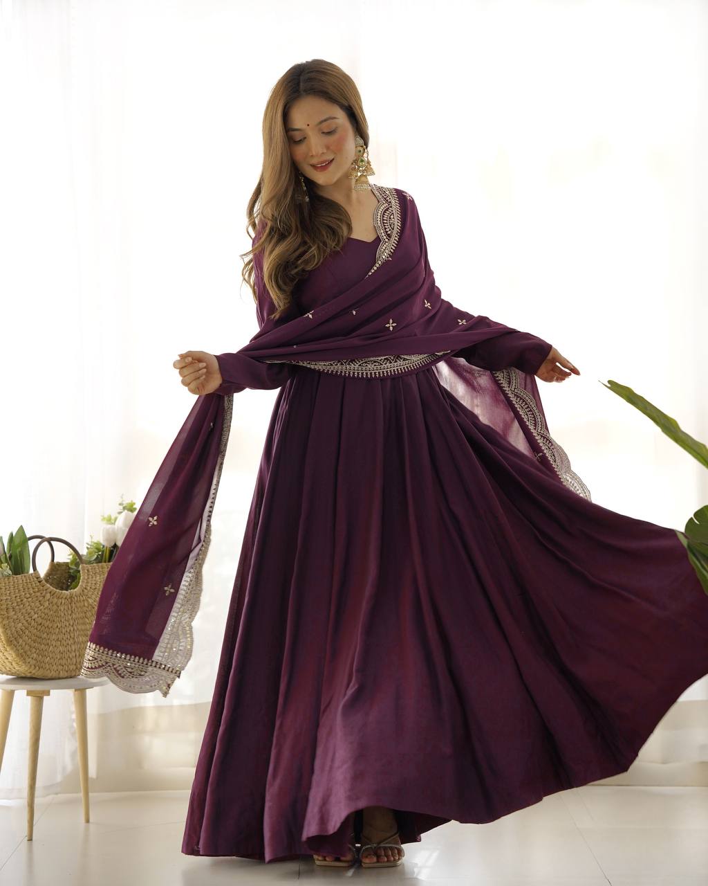 Elegant 16 Kali Romansilk Chanderi Wine Purple Anarkali Set with Embroidery Dupatta