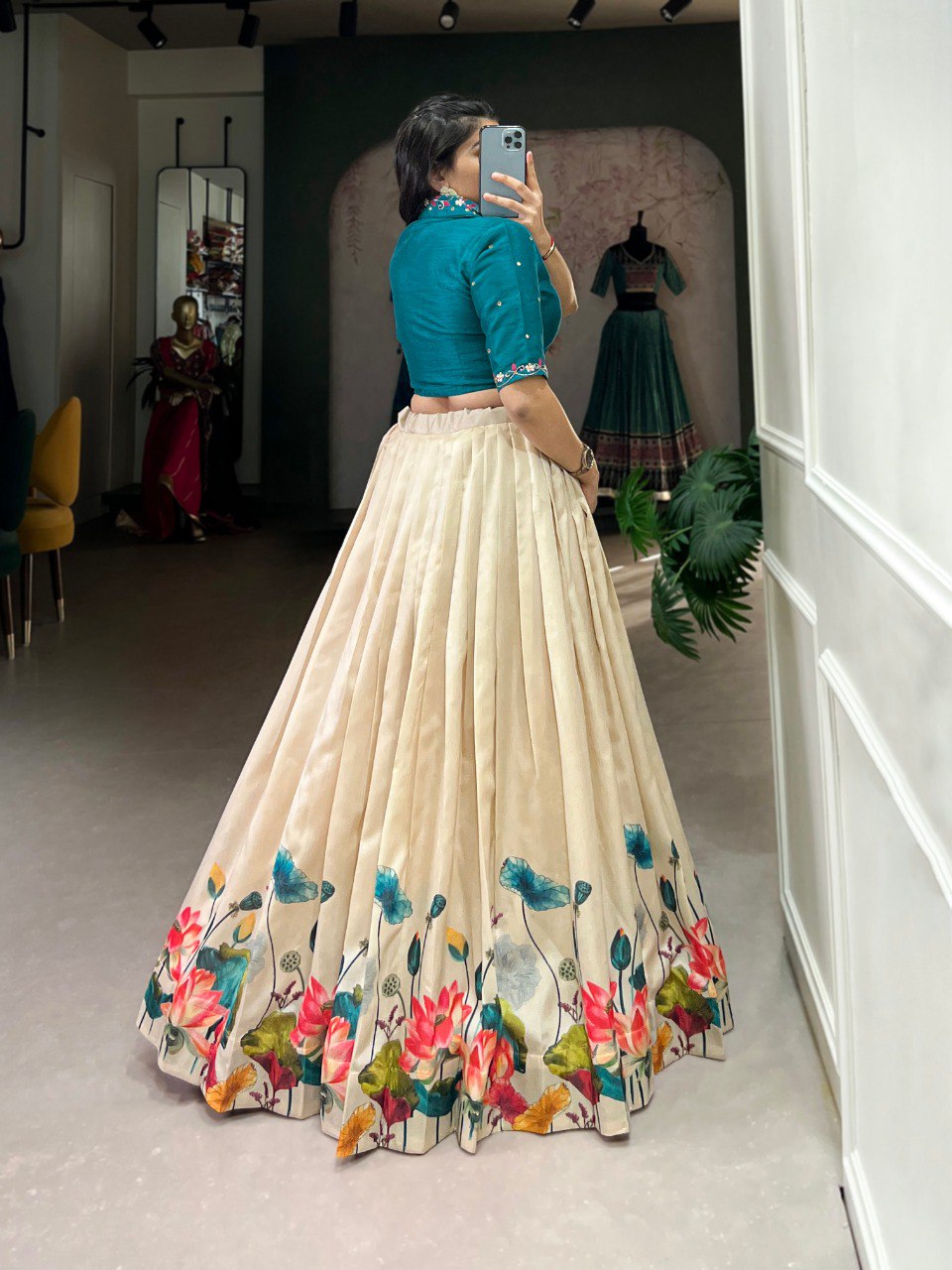 Elegant Tussar Silk Floral Print Lehenga with Handwork Mirror Blouse