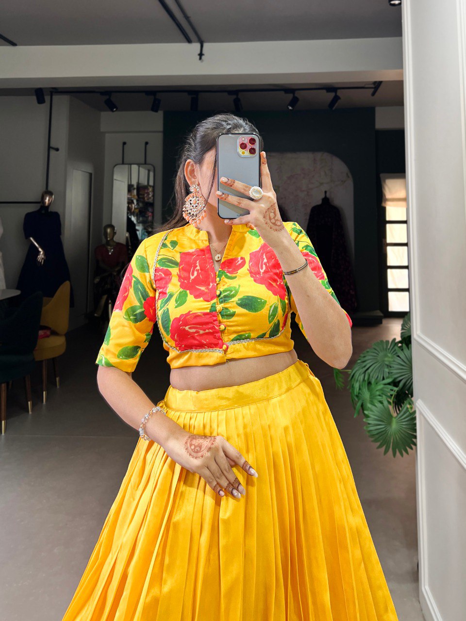 Elegant Tussar Silk Floral Print Yellow Lehenga with Lace Touch Blouse