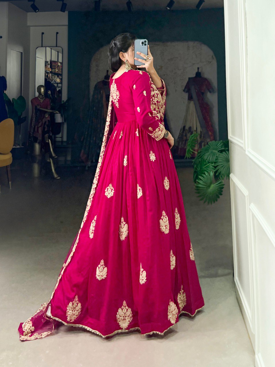 Elegant Vichitra Silk Gown with Net Dupatta - Sequins and Thread Embroidery