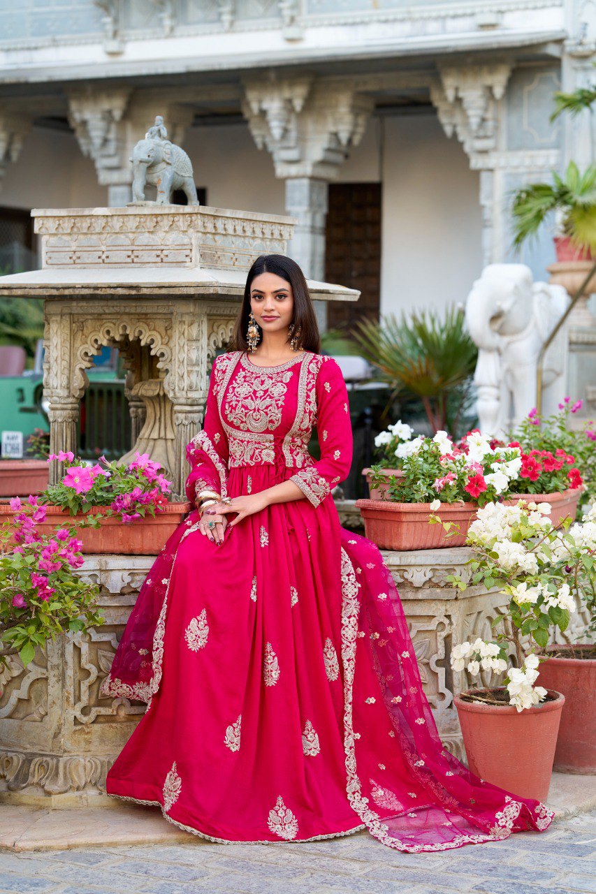 Elegant Vichitra Silk Gown with Net Dupatta - Sequins and Thread Embroidery