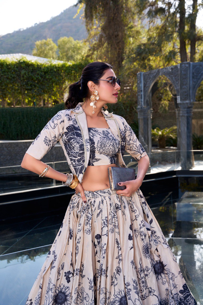 Elegant Tussar Silk Floral Printed Cream Lehenga Set with Blouse and Koti