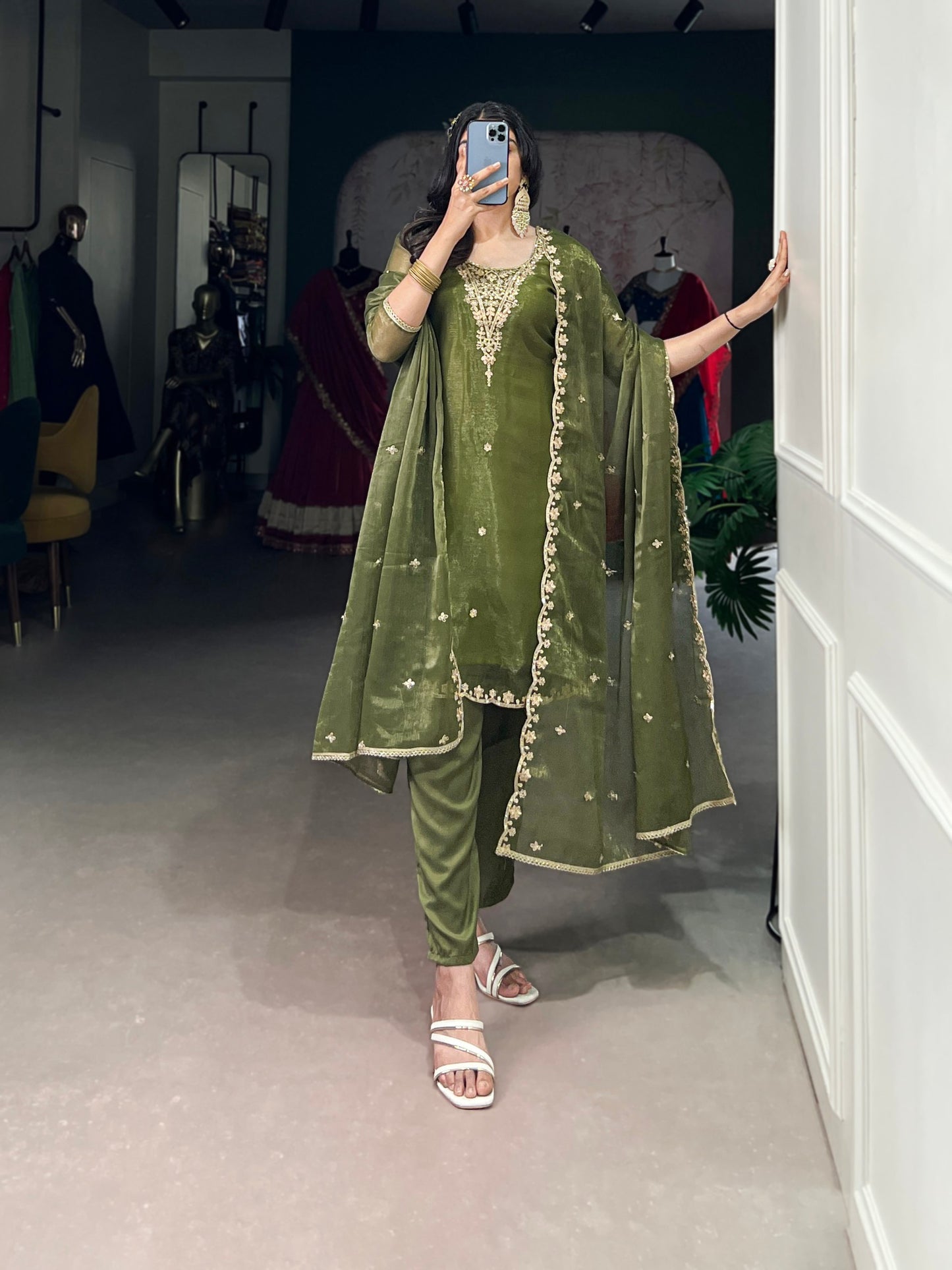 Elegant Gold Coin Fabric Embroidered Green Top and Bottom Set with Dupatta