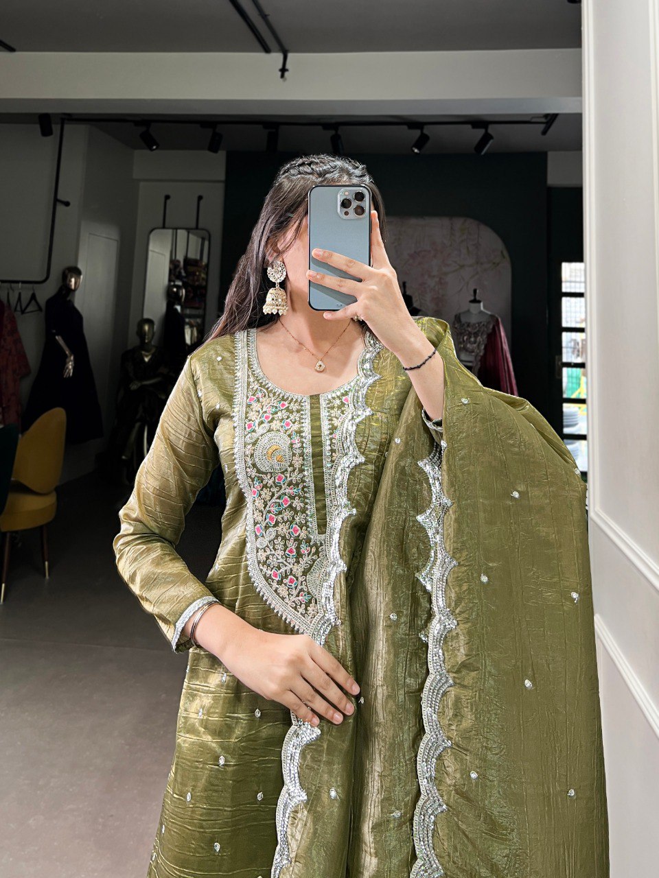 Elegant Gold Crush Fabric Embroidered Stitched Green Top Bottom Set with Dupatta