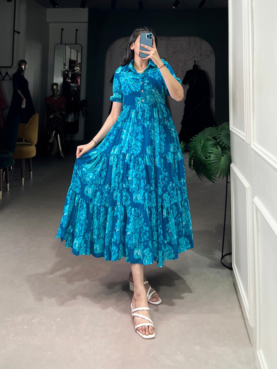 Elegant Floral Print Georgette Blue Frock for Women