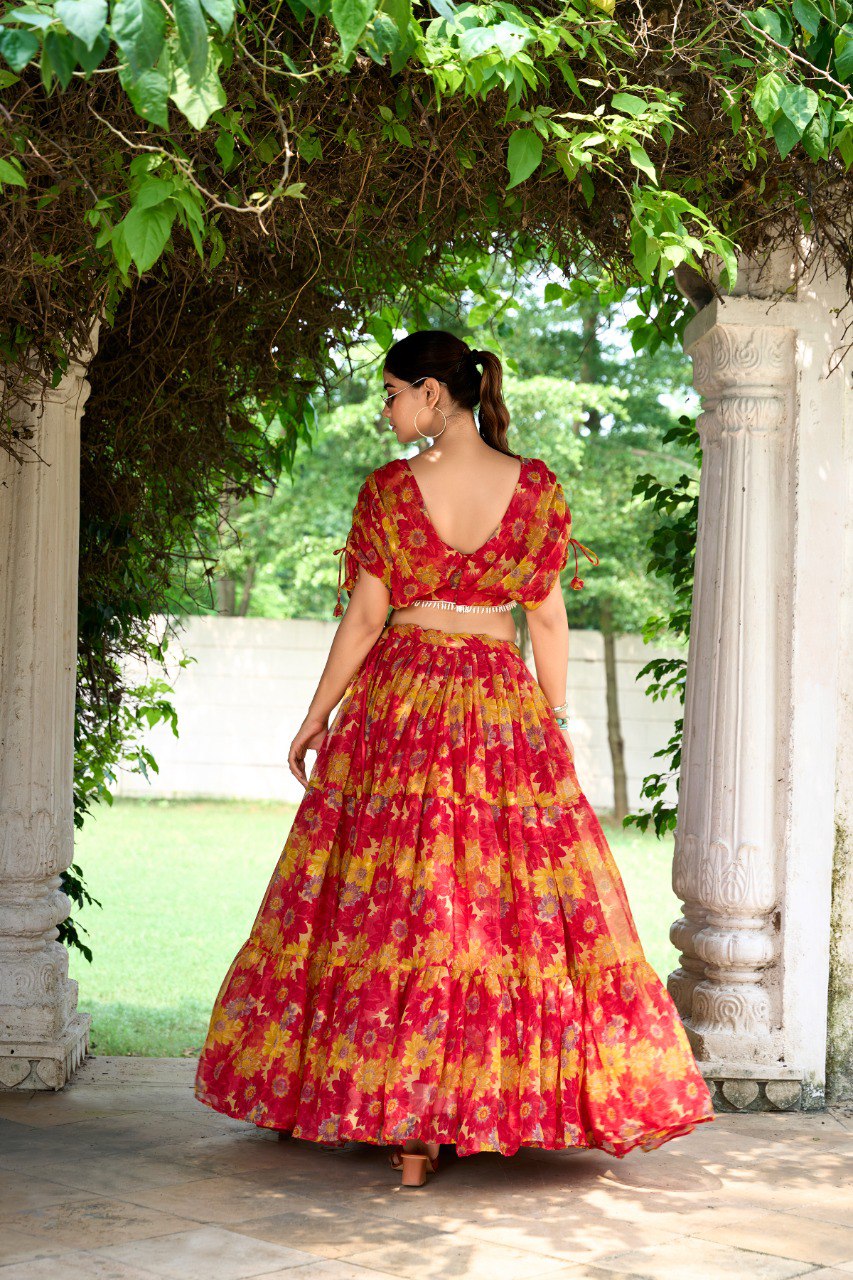 Elegant Floral Print Chiffon Red Lehenga Set for Women