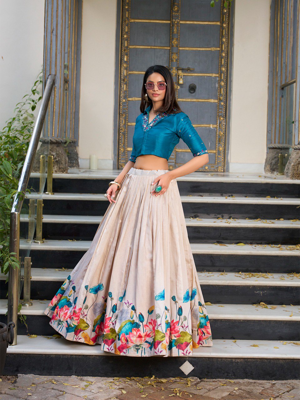 Elegant Tussar Silk Floral Print Lehenga with Handwork Mirror Blouse
