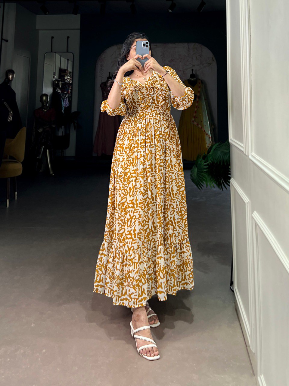 Elegant Georgette Printed Mustard Yellow Frock with Full Flair and Lining