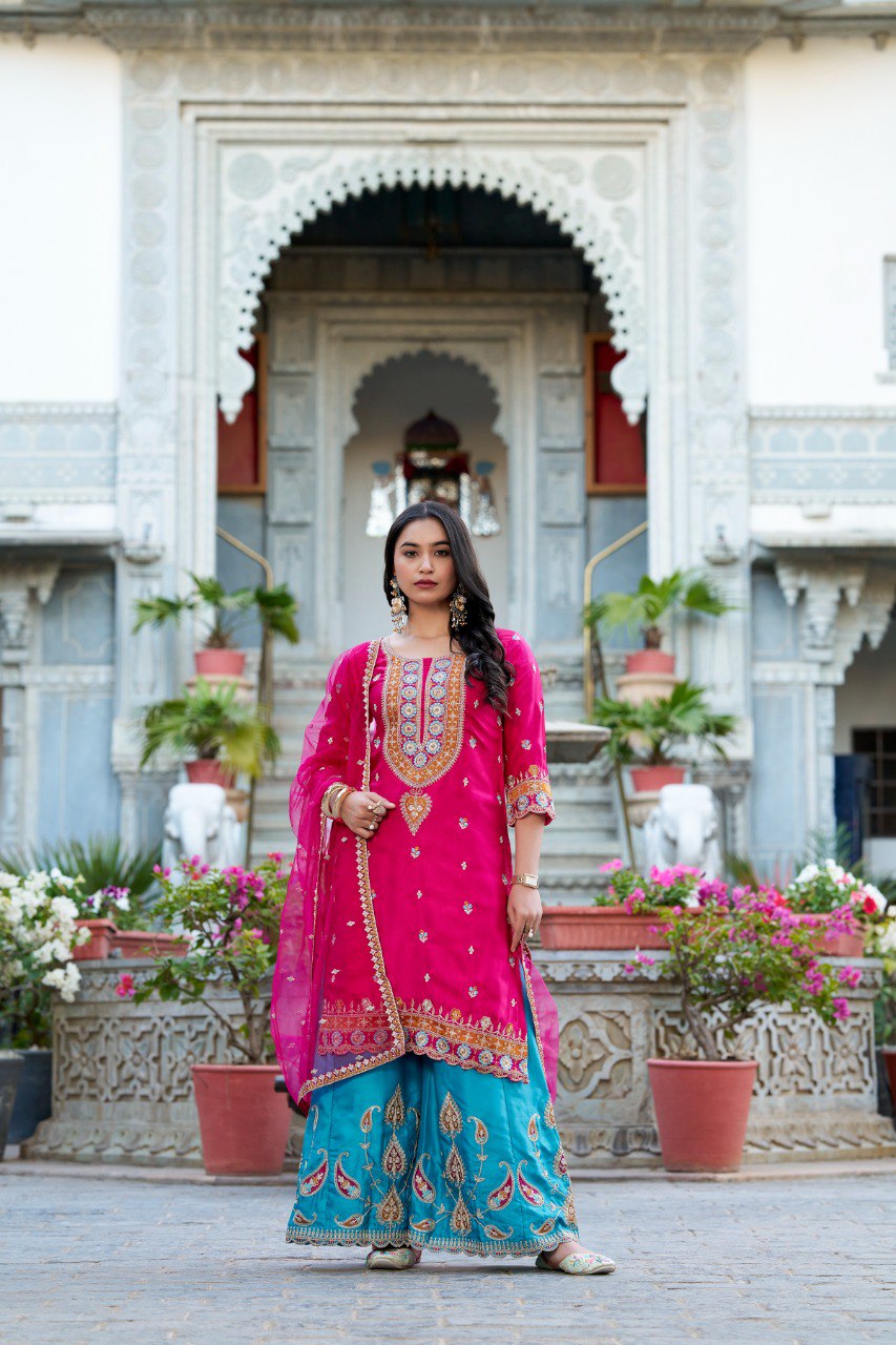 Sequins Thread Embroidered Silk Royal Style Sharara Set Of 3