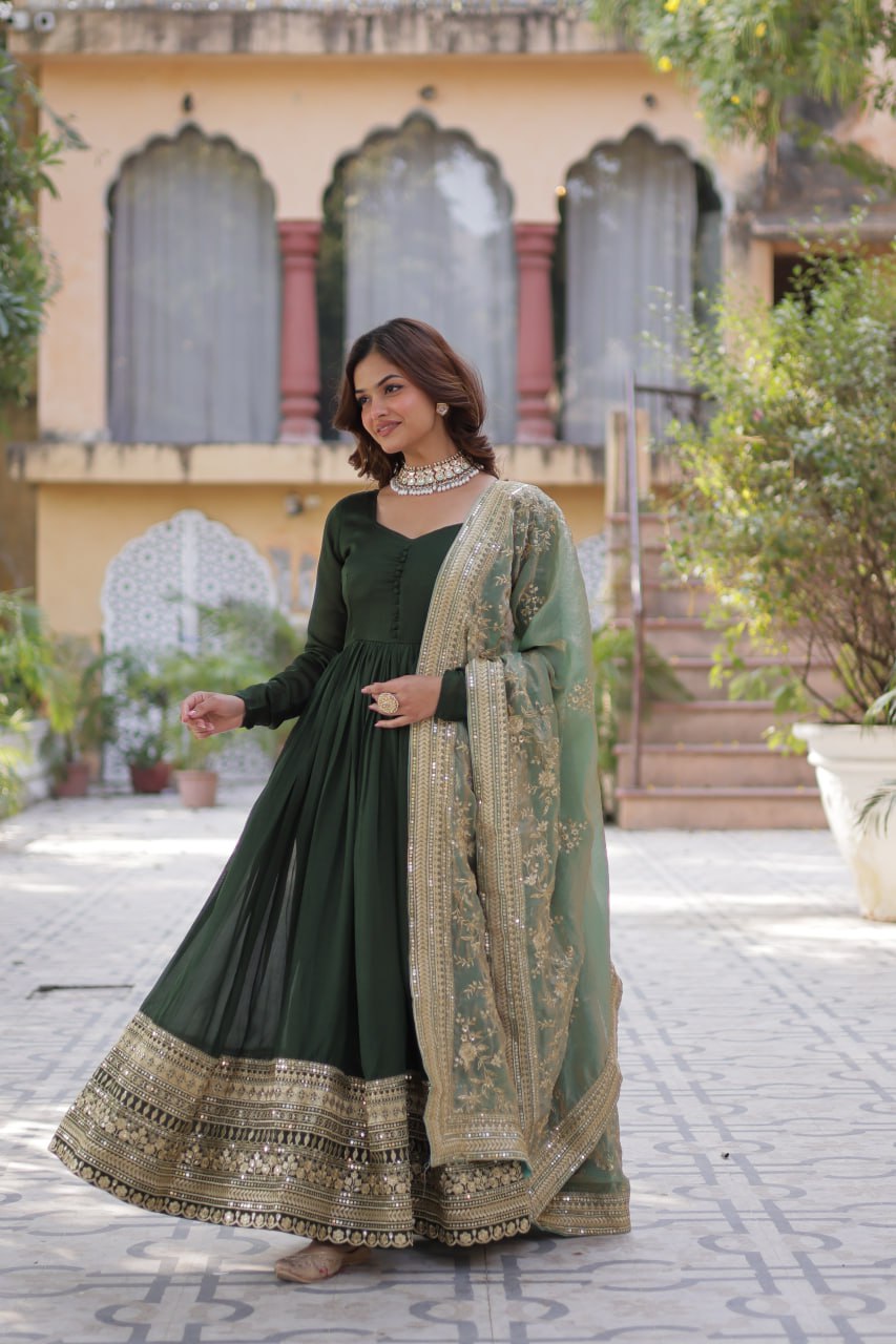 Elegant Shimmer Vichitra Silk Gown with Sequins Embroidery and Fendi Dupatta Set