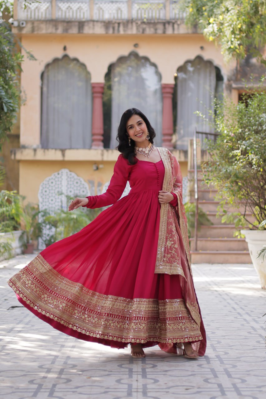 Elegant Shimmer Vichitra Silk Pink Gown with Sequins Embroidery and Fendi Dupatta Set