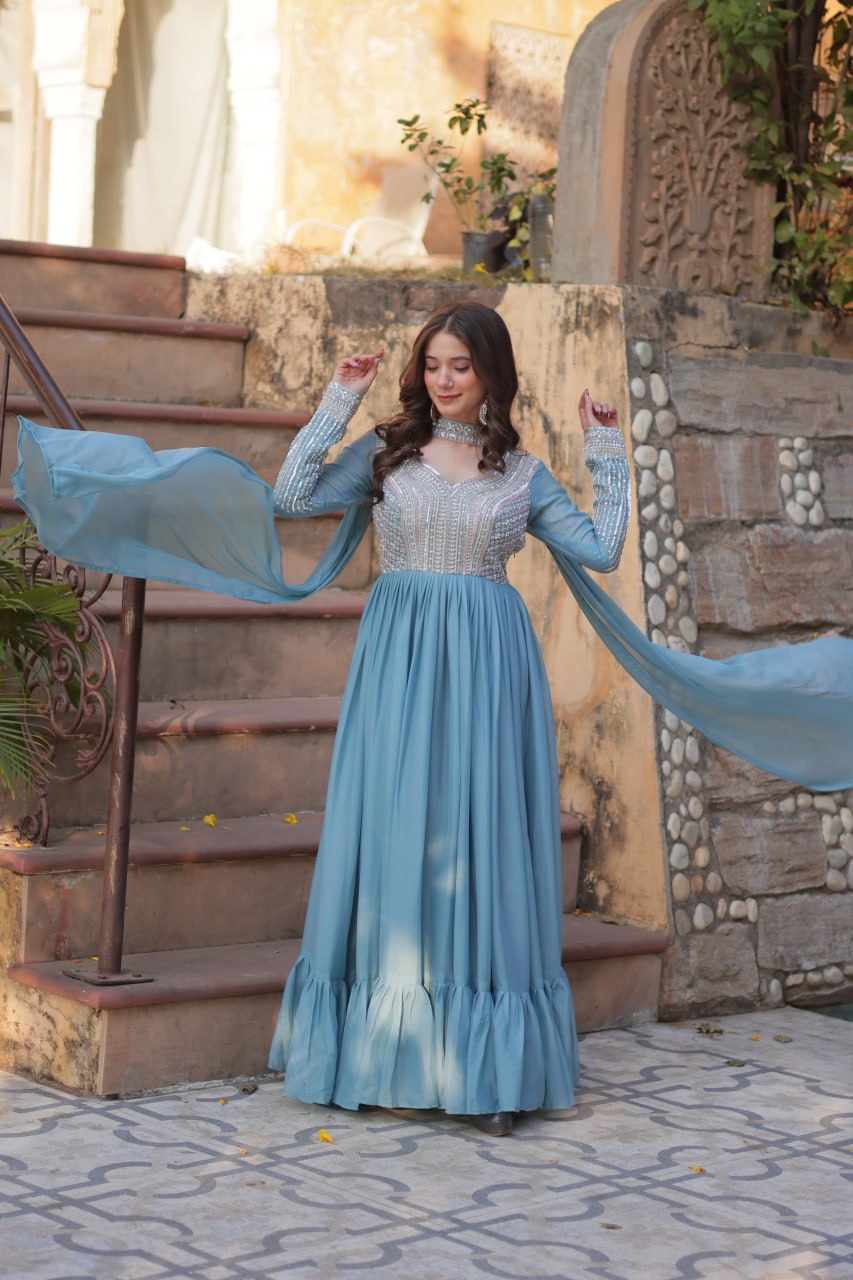 Star Georgette Embroidered Beads Sequins Work Blue Gown with Dupatta Set