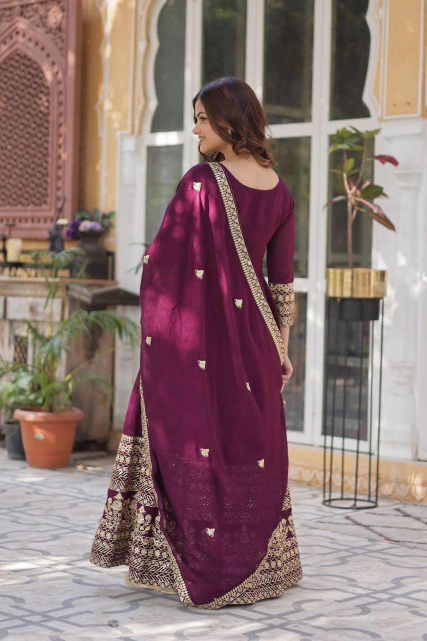 Shimmer Vichitra Gown with Sequins Embroidery and Designer Dupatta
