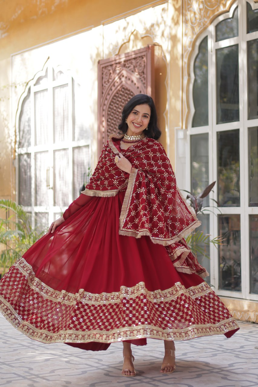 Faux Blooming Maroon Gown with Zari Sequins Embroidery and Designer Dupatta