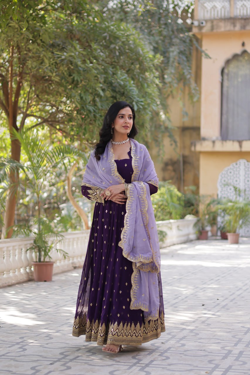 Luxury Faux Blooming Embroidered Zari Sequins Gown with Tabby Silk Cutwork Dupatta