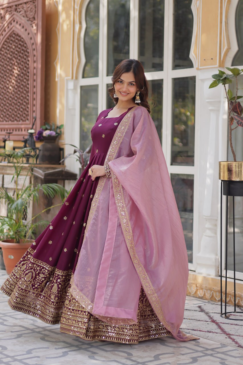 Elegant Star Georgette Purple Gown with Zari Sequins Embroidery and Gold Crush Dupatta