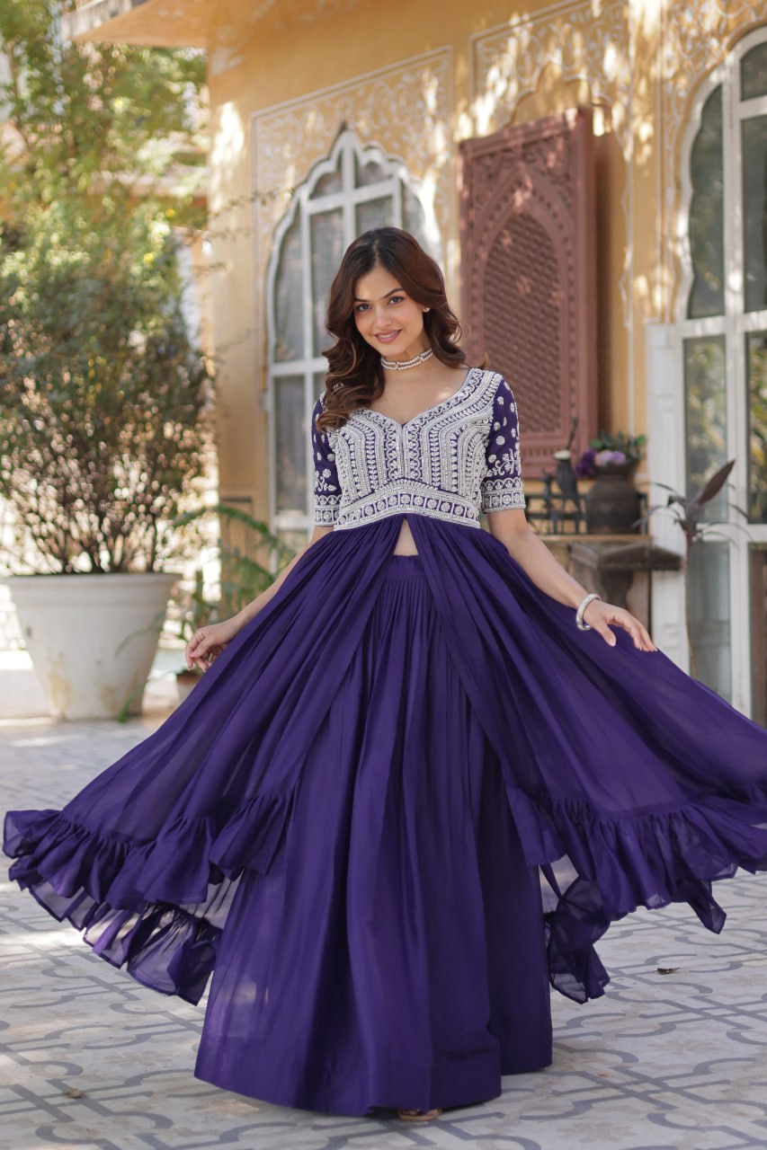 Designer Star Georgette Purple Kurti with Lehenga Set Embellished with Beads and Sequins Work